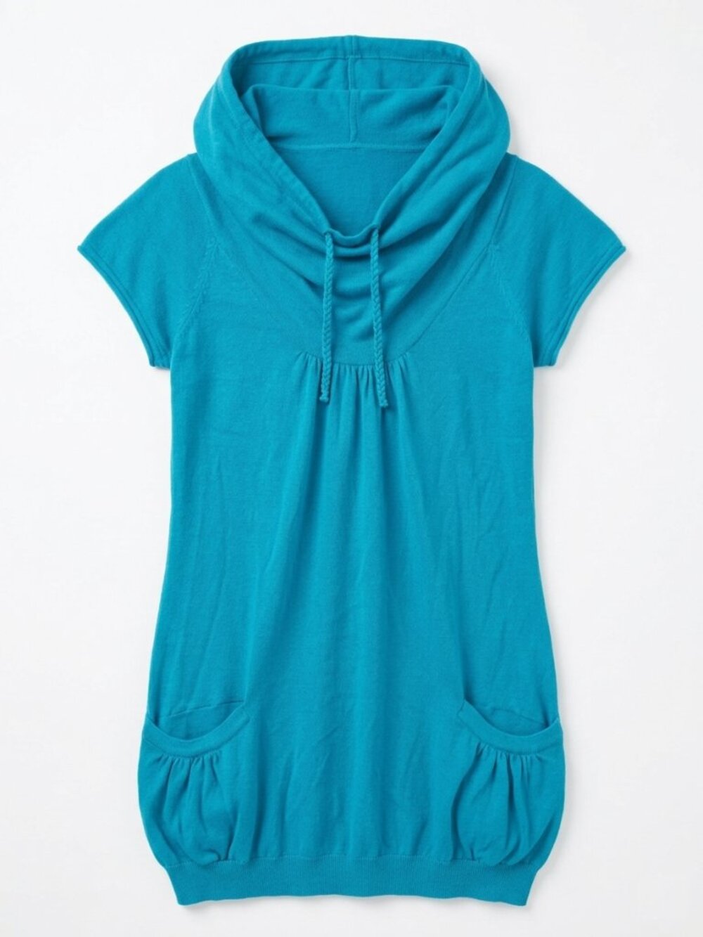 TWIK - TUNIC - Turquoise cotton Cowl neck top with lace side pockets - Medium